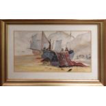 19th CENTURY SCHOOL 'Beach Scene with Fishing Boats and Figures', 15cm x 30cm, framed.