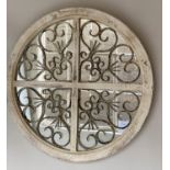 WALL MIRROR, circular distressed painted with metal tracery quadrant, 72cm W.