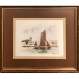 GERALD EDWIN TUCKER 'Thames Barge before Greenwich Hospital', watercolour, signed, 23cm x 30cm,