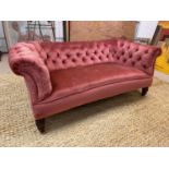 VICTORIAN CHESTERFIELD SOFA, velvet buttoned back upholstered raised on turned walnut front supports