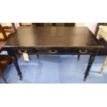 CENTRE WRITING TABLE, late Victorian ebonised with black leather top above three drawers opposed