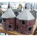 BIRD HOUSES, a set of two, vintage French style painted metal, 49cm x 33cm x 17cm. (2)