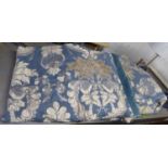 CURTAINS, two pairs, lined and interlined, blue patterned fabric with blue velvet leading edge,