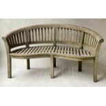 BANANA GARDEN BENCH, weathered solid teak with bow back and slatted construction, 162cm W.