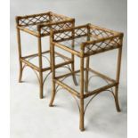 LAMP TABLES, a pair, rattan and cane bound square two tier glazed, 36cm x 36cm x 62cm H. (2)