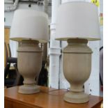 TABLE LAMPS, a pair, turned wood, with shades, 72cm H. (2) (slight faults)
