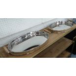 TRAYS, a pair, polished metal with rattan exterior, 54cm x 31cm x 7cm. (2)