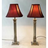 DESK TABLE LAMPS, a pair, classical column silvered metal with Corinthian capped reeded column and