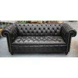 CHESTERFIELD SOFA, buttoned black leather, 200cm x 88cm.