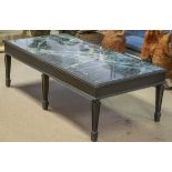 LOW TABLE, ebonised with verde antico marble top, 136cm x 68cm x 43cm.