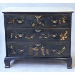 GEORGE II CHEST, early 18th century gilt Chinoiserie decorated black lacquer, three long drawers and