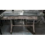 SOFA TABLE, Regency style grey painted with shaped glass cover, drop flap top and two drawers, 152cm