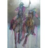 RUTH SADLER 'Glitteratti - Polo Players', mixed media on canvas, signed lower right, 150cm x 101cm.