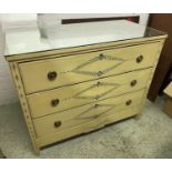 COMMODE, Neoclassical style with mirrored top over three drawers ochre painted with decorative