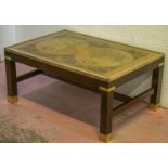 LOW TABLE, mahogany and brass bound with glazed and old world map lined top, 41cm H x 89cm x 61cm.