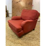 HOWARD STYLE ARMCHAIR, red fabric upholstered with turned front legs and castors, 80cm H x 85cm W