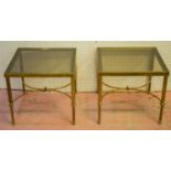 MAISON JANSEN STYLE LAMP TABLES, a pair, brass framed with square tinted glass tops, 41cm H x 46cm