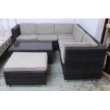 GARDEN CORNER SOFA AND ASSOCIATED DRINKS TABLE , contemporary with cushions, 204cm x 202cm x