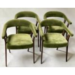 DINING ARMCHAIRS, a set of four moss green velvet with bow backs and arms. (4) (with faults)