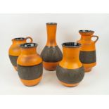 DUMLER AND BREIDEN WEST GERMAN VASES, a collection of five various, mid century orange and brown