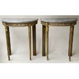 CONSOLE TABLES, a pair, Louis XVI style giltwood, each demi lune, with marble top and pierced