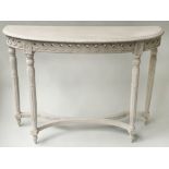 CONSOLE TABLE, French Louis XVI style, grey painted demi lune, with pierced frieze, 114cm x 41cm D x