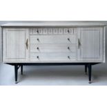 1960'S SIDEBOARD, early 1960's, grey grained Formica and black lined, with four drawers (one