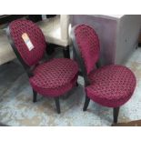 CHILDREN CHAIRS, a pair, 1950's French, later ebonised finish and velvet upholstery, 70cm H. (2)