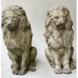 GARDEN/GATE LIONS, a pair, reconstituted stone composition of lions 'rampant', 53cm H. (with faults)