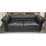 CHESTERFIELD SOFA, buttoned black leather, 200cm W.