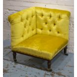 CORNER CHAIR, Victorian, mahogany, in buttoned yellow velvet, with brass castors, 67cm H x 63cm D.