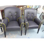 ARMCHAIRS, a pair, grey leather with yellow piping and a contrasting black velvet back, 68cm W x