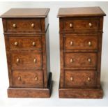 BEDSIDE CHESTS, a pair, 19th century burr oak, each adapted, with four drawers, 75cm H x 38cm W x