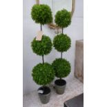 FAUX BOX TOPIARY TREES, a pair, potted, 137cm H. (2)