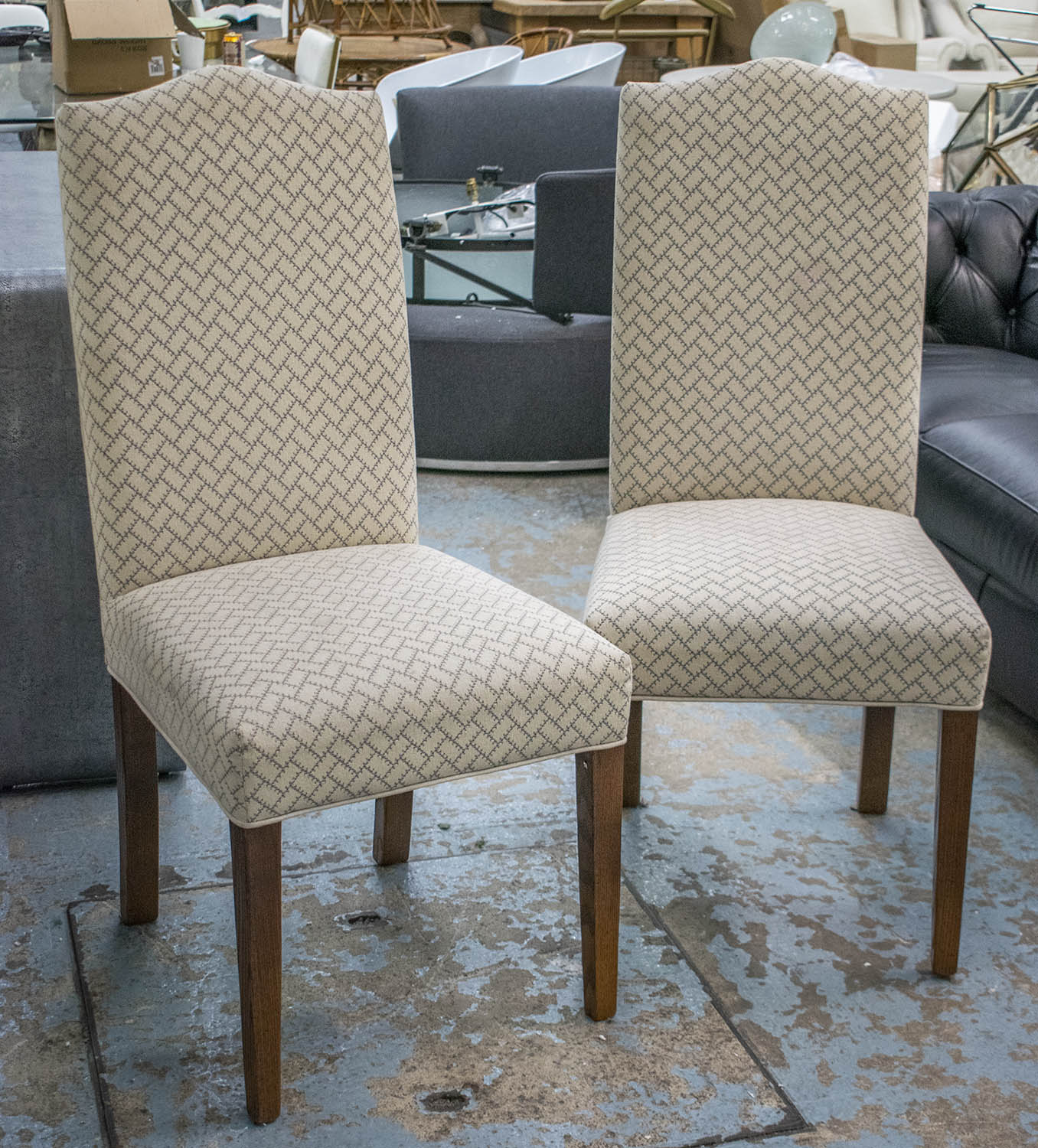 IJL BROWN KEW DINING CHAIRS, a set of eight, with ash legs and patterned cream upholstery, 111cm