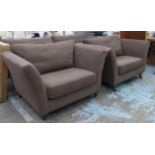 ARMCHAIRS, a pair, contemporary design brown fabric upholstered, castors on front feet, 130cm W. (2)