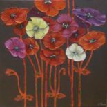 A.S. THONOIS 'Poppies', acrylics on canvas, signed lower right, 90cm x 90cm.