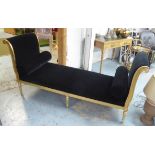 DAYBED, Louis XVI style gilt framed with black velvet upholstery and two bolster cushions on short