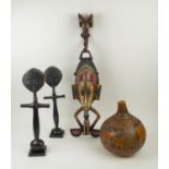CALABASH GOURD, hand carved with animal decoration along with two Ghana Ashanti fertility dolls