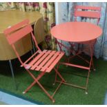 GARDEN DINING SET, including table and two chairs, red metal chairs 85cm H, table 60cm diam x
