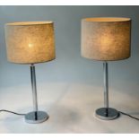 TABLE LAMPS, a pair, chromium plated columns with circular bases and grey shades, 64cm H. (2)