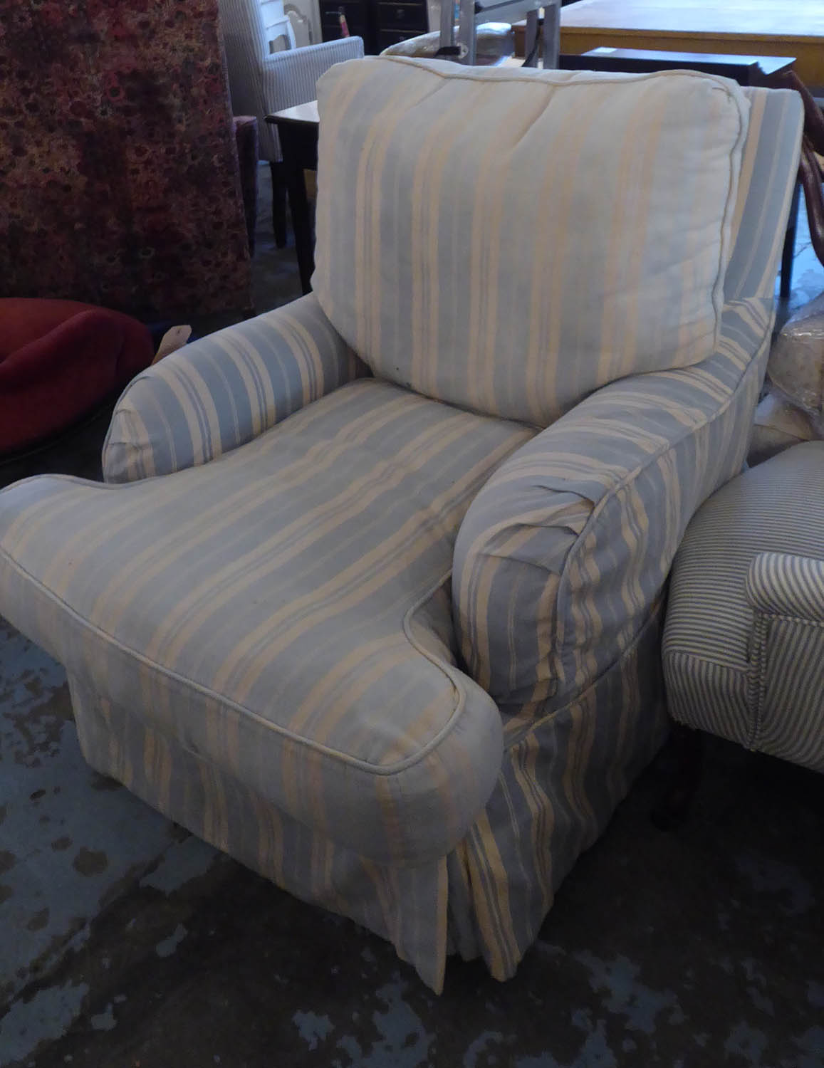 HOWARD STYLE ARMCHAIR, striped loose fabric cover with two scatter cushions, 82cm W. - Image 2 of 4