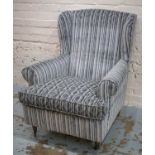 WING ARMCHAIR, Colefax & Fowler striped blue velvet, with seat cushion and front castors, 91cm H x