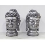 THE HEADS OF BUDDHA, a set of two, silvered finish, 43cm H. (2)