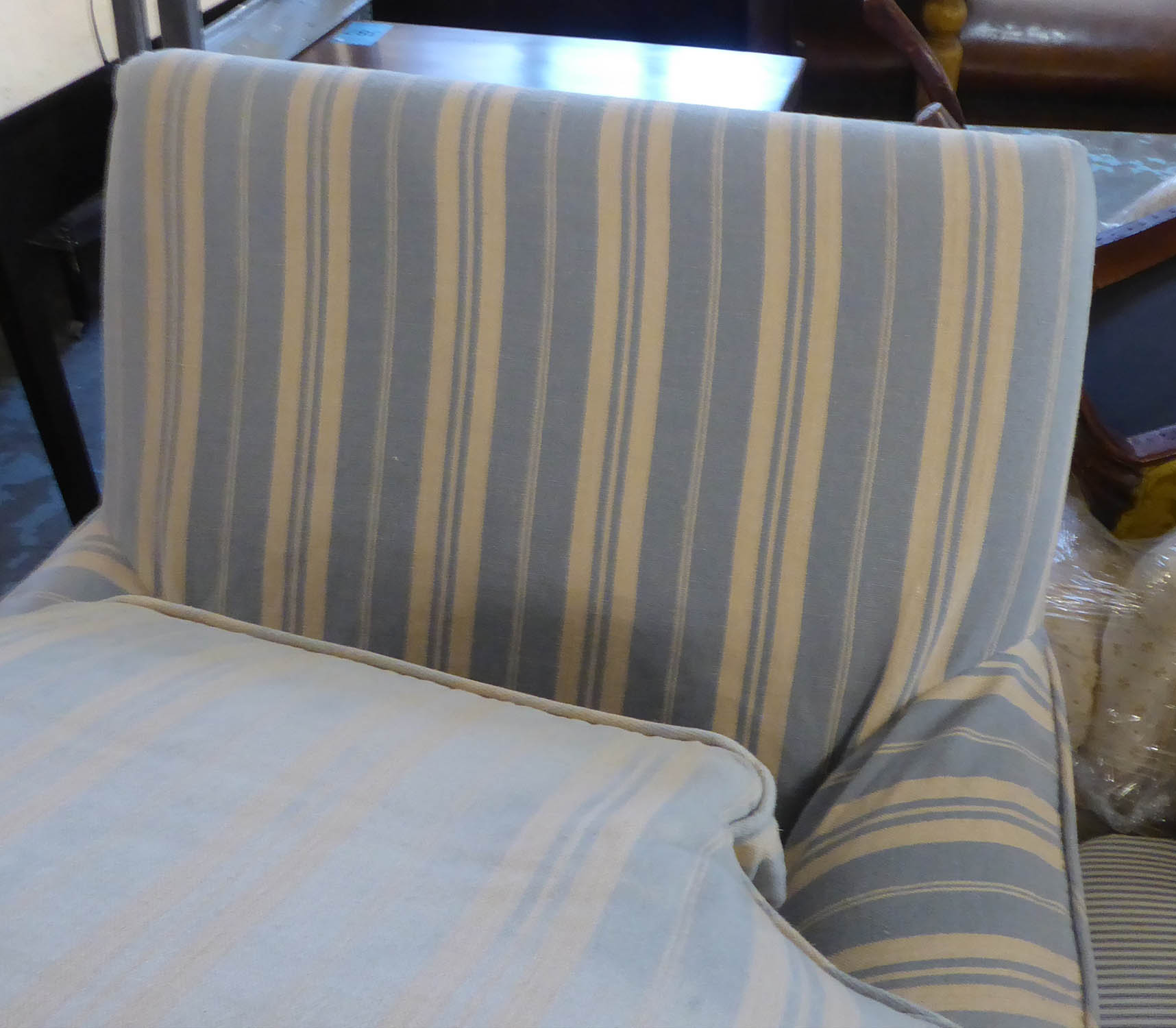 HOWARD STYLE ARMCHAIR, striped loose fabric cover with two scatter cushions, 82cm W. - Image 4 of 4