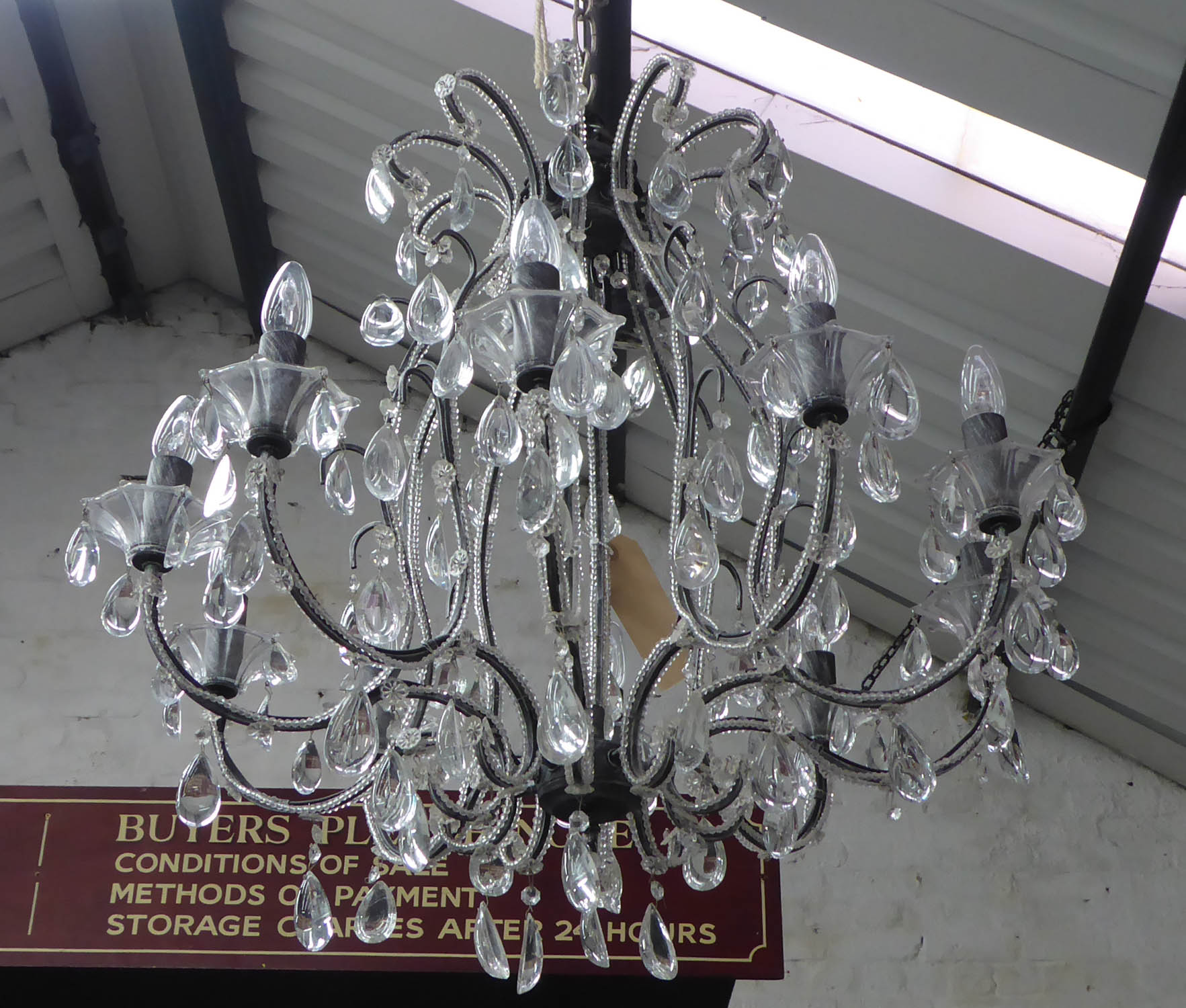 CHANDELIER, contemporary, ten branch, cut crystal detail on antiqued metal frame, 85cm H minus chain