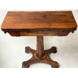 CARD TABLE, William IV rosewood with rounded rectangular fold over baize lined top on column and