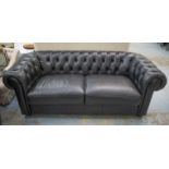 CHESTERFIELD SOFA, buttoned black leather 200cm W. (similar but slightly different to previous lot)