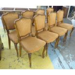 DINING CHAIRS, a set of eight, Louis XV style with velvet striped upholstery on carved cabriole