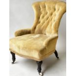 SLIPPER CHAIR, Victorian, yellow velvet, with button back and ebonised fluted front supports, 57cm